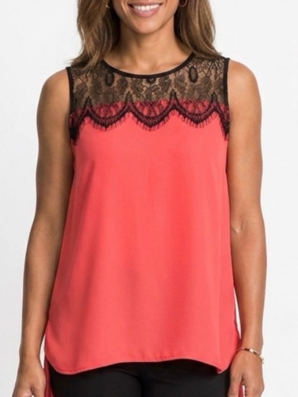 Umgee Coral Sleeveless Camisole with Black Lace Yoke Sz-L. FF18